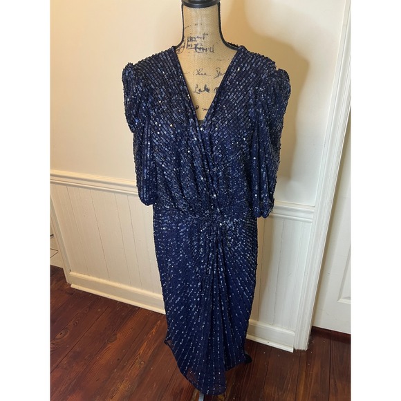 Mac Duggal 5578 size 20Navy Blue Sequin Wrap V Neck Puff Sleeve Midi Dress - Picture 6 of 14